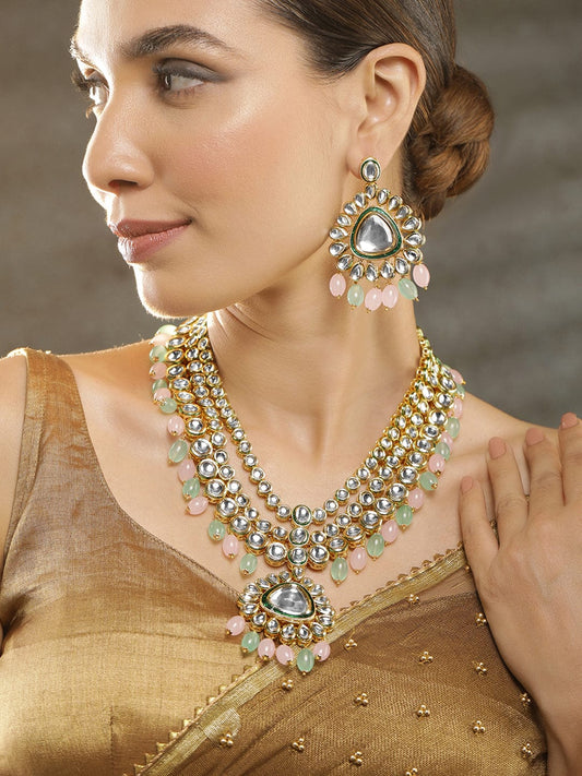 Gold Plated Kundan Studded Green & Pink Beads Layered Necklace Set
