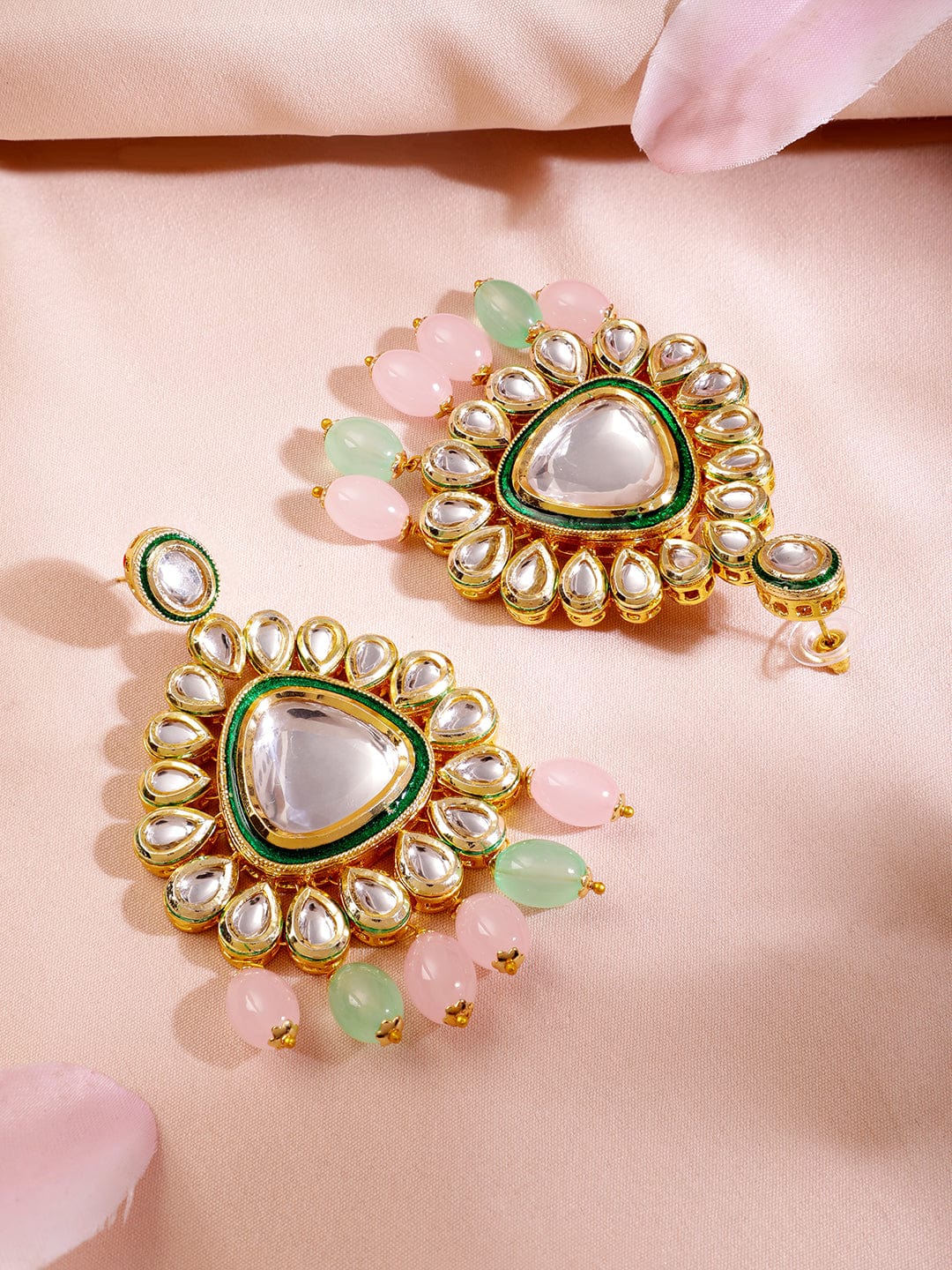 Gold Plated Kundan Studded Green & Pink Beads Layered Necklace Set