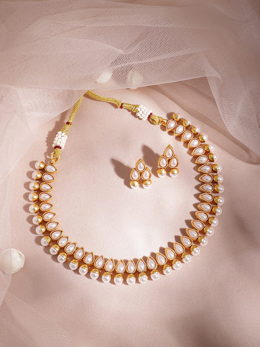 Rubans 18K Gold Plated White Pearl Beaded Contemporary Handcrafted Choker Necklace Set