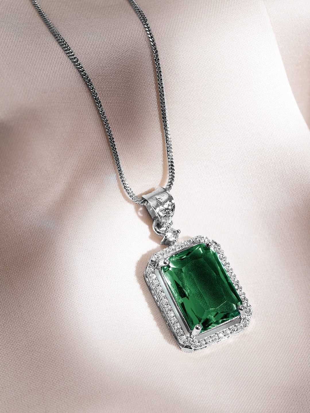 Luxurious Rhodium-Plated Emerald & CZ Studded Pendant Necklace Set