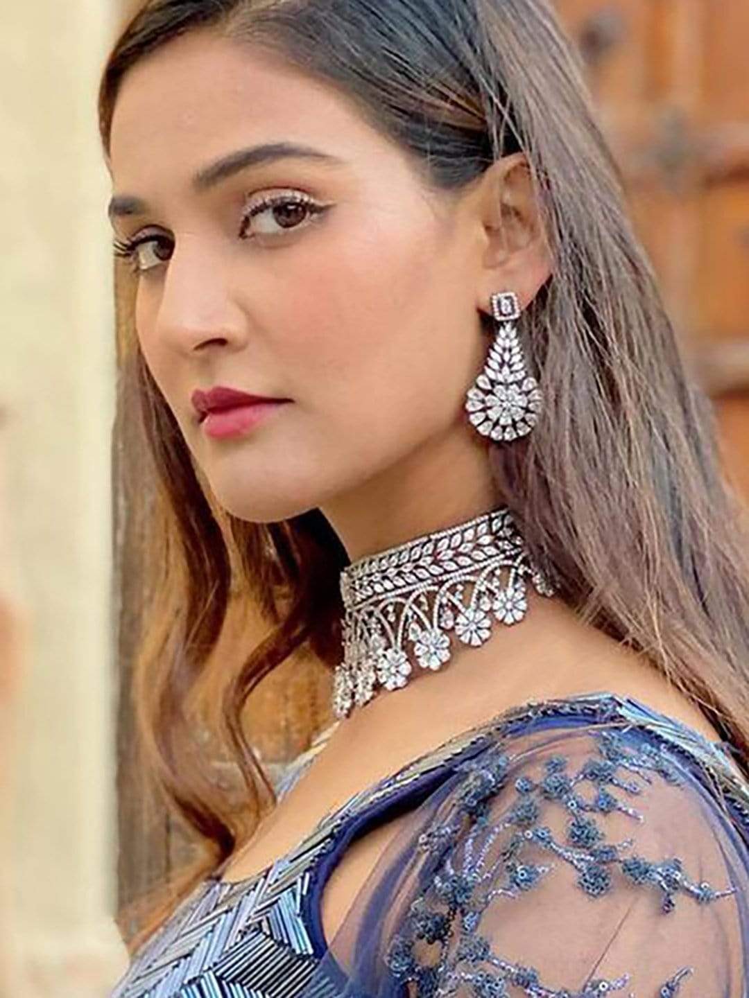 Rubans Luxury Rhodium Plated Zirconia Studded Statement Choker Necklace Set