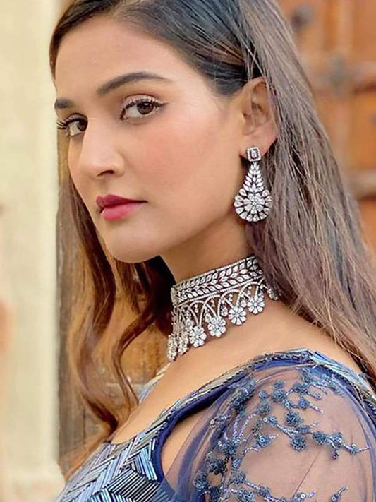 Rubans Luxury Rhodium Plated Zirconia Studded Statement Choker Necklace Set
