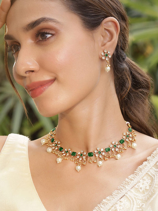 Premium 22K Gold Plated Emerald Green & Cubic Zirconia Studded Necklace Set with Gold & Pearl Beaded