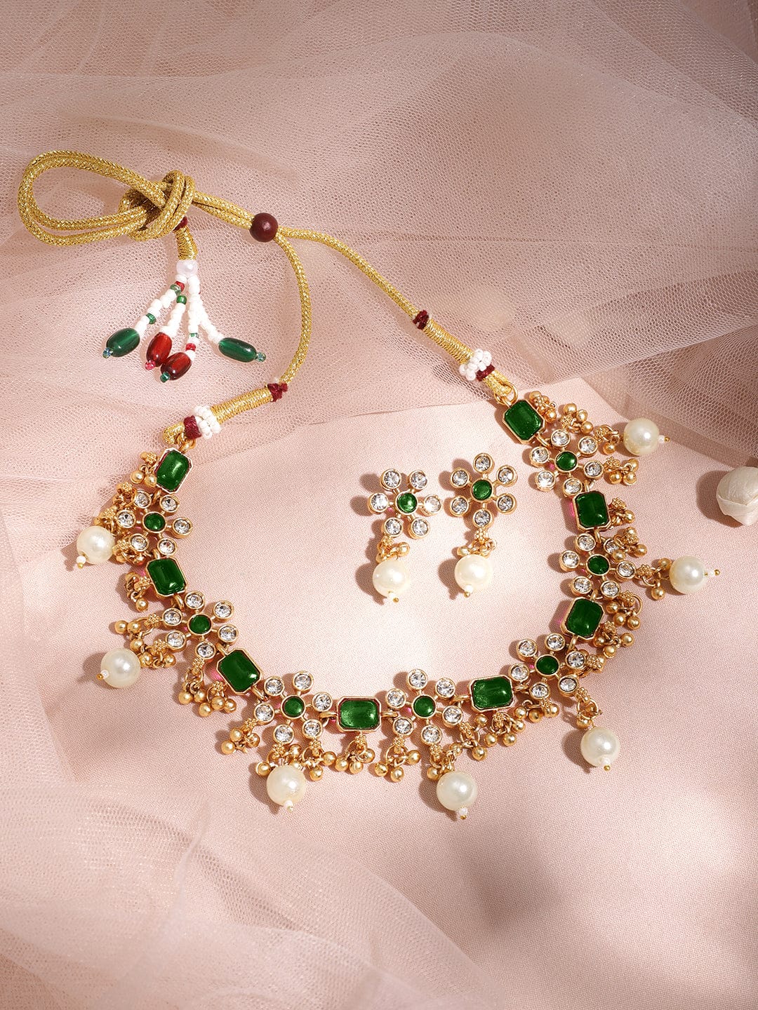 Premium 22K Gold Plated Emerald Green & Cubic Zirconia Studded Necklace Set with Gold & Pearl Beaded