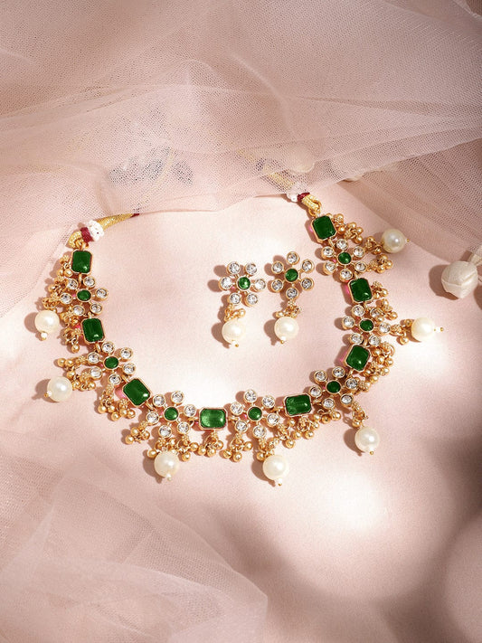 Premium 22K Gold Plated Emerald Green & Cubic Zirconia Studded Necklace Set with Gold & Pearl Beaded