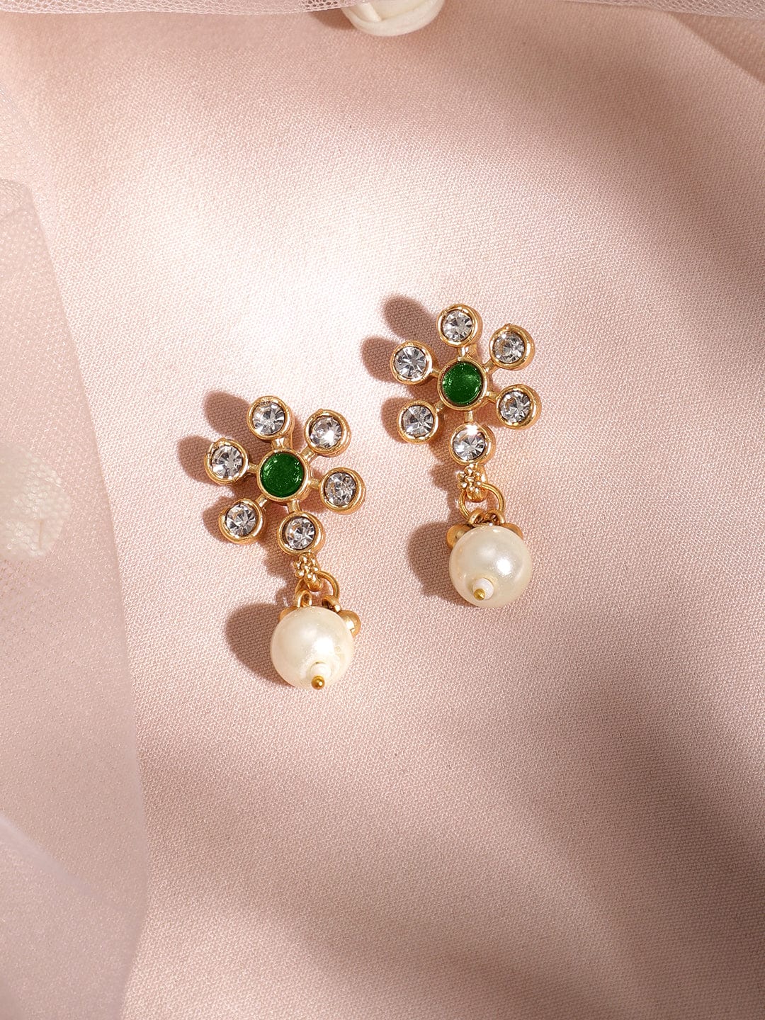 Premium 22K Gold Plated Emerald Green & Cubic Zirconia Studded Necklace Set with Gold & Pearl Beaded