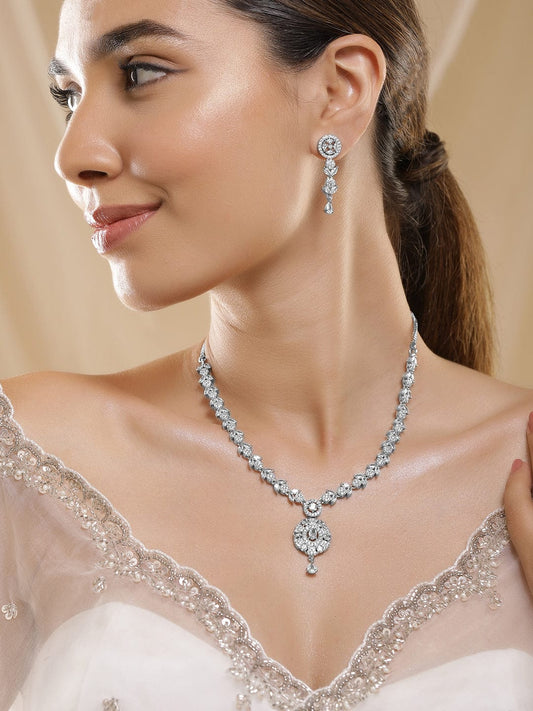 Premium Rhodium Plated White Cubic Zirconia Studded Necklace Set with Floral Design