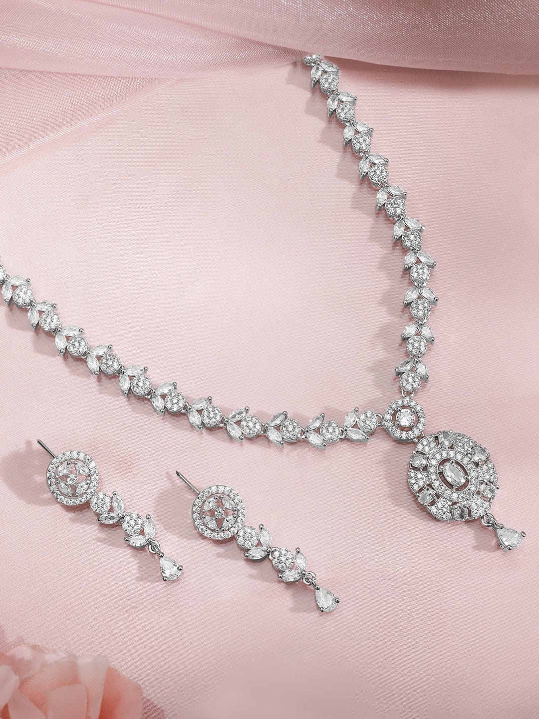 Premium Rhodium Plated White Cubic Zirconia Studded Necklace Set with Floral Design