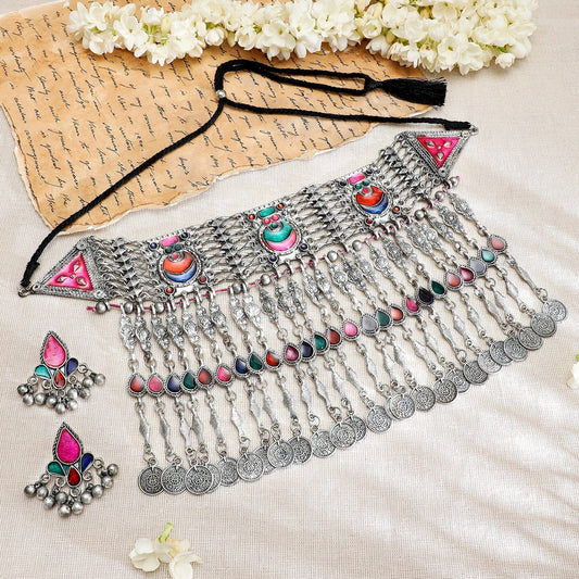 Rubans Silver Oxidised Necklace Set With Multicolour Enamel