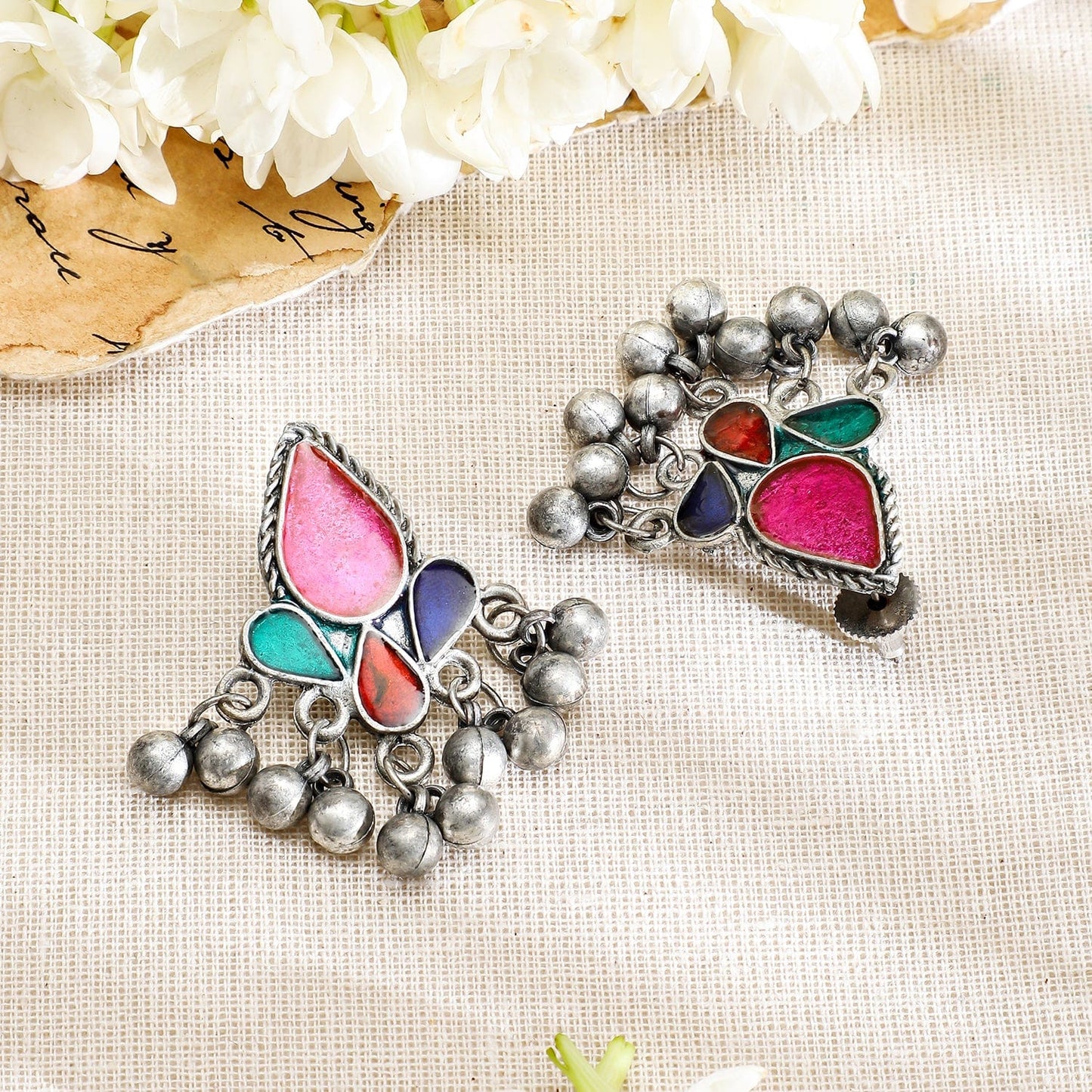 Rubans Silver Oxidised Necklace Set With Multicolour Enamel