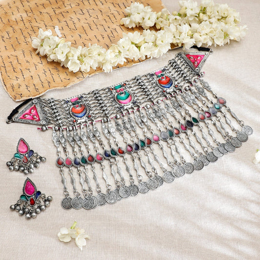 Rubans Silver Oxidised Necklace Set With Multicolour Enamel