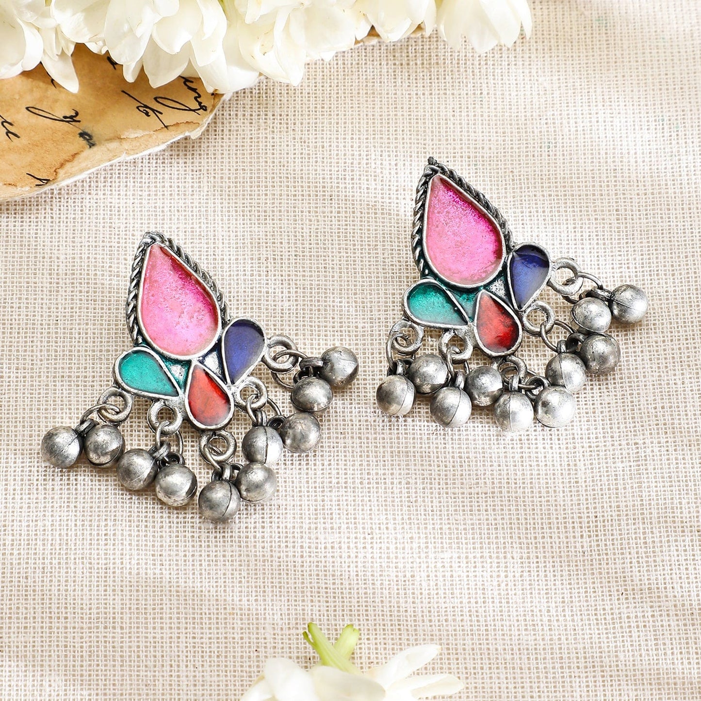 Rubans Silver Oxidised Necklace Set With Multicolour Enamel