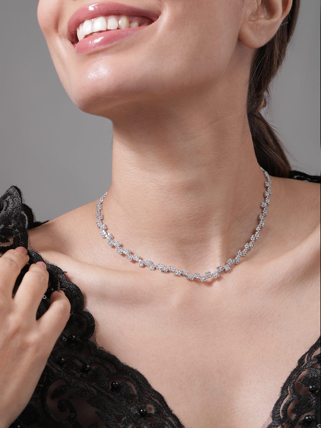 Rhodium Plated AD & Cubic Zirconia Studded Cross Link Tennis Necklace