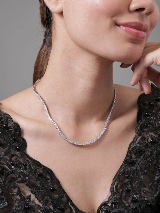 Rhodium Plated AD & Cubic Zirconia Studded Elegant Tennis Necklace