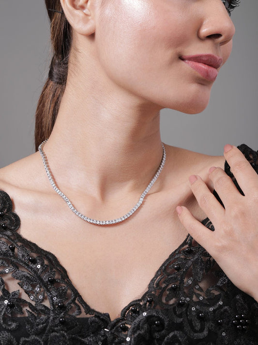Rhodium Plated AD & Cubic Zirconia Studded Elegant Tennis Necklace