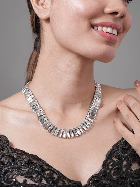 Rubans Rhodium Plated AD & Cubic Zirconia Studded Luxurious Baguette Necklace