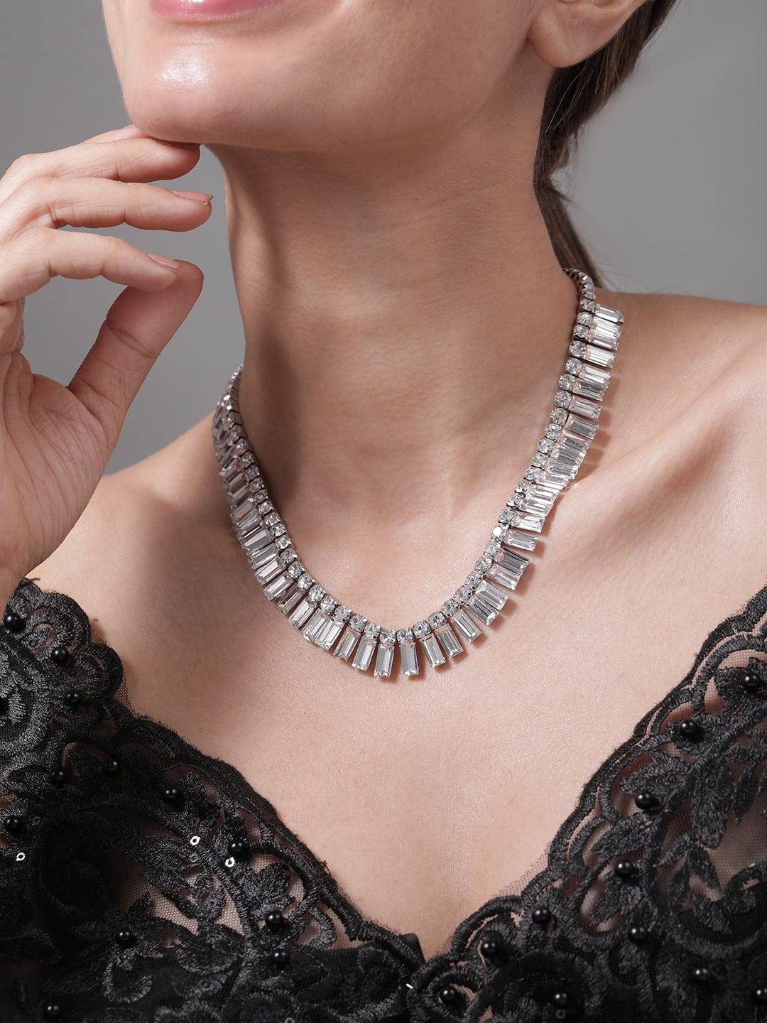 Rubans Rhodium Plated AD & Cubic Zirconia Studded Luxurious Baguette Necklace