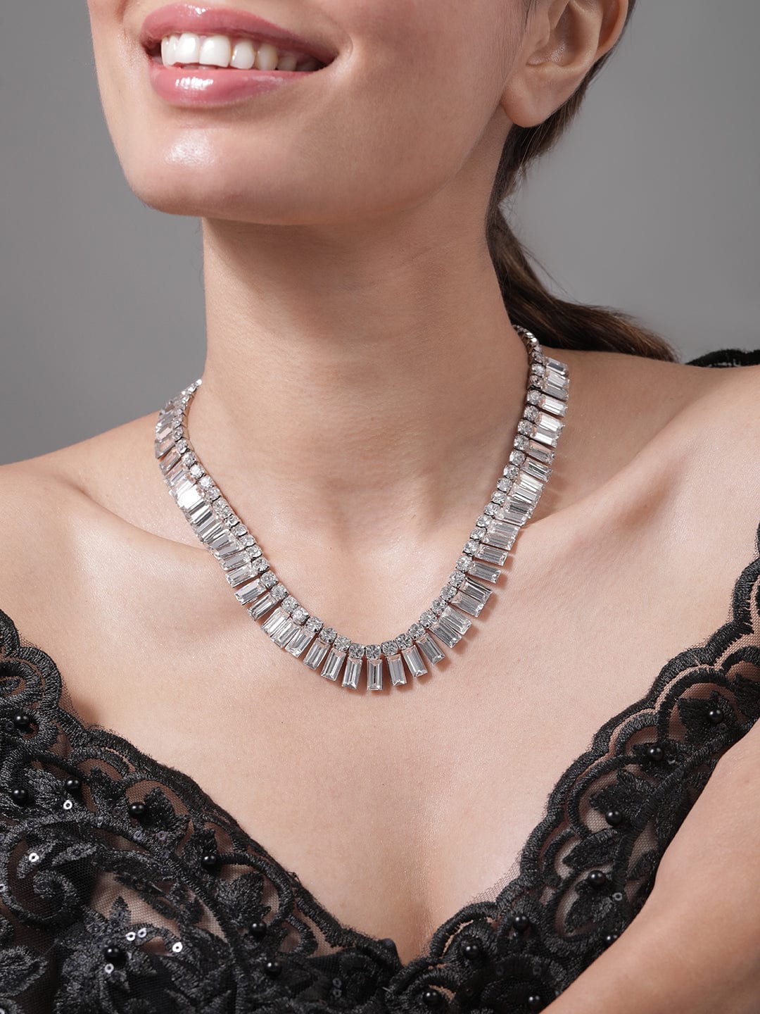 Rubans Rhodium Plated AD & Cubic Zirconia Studded Luxurious Baguette Necklace