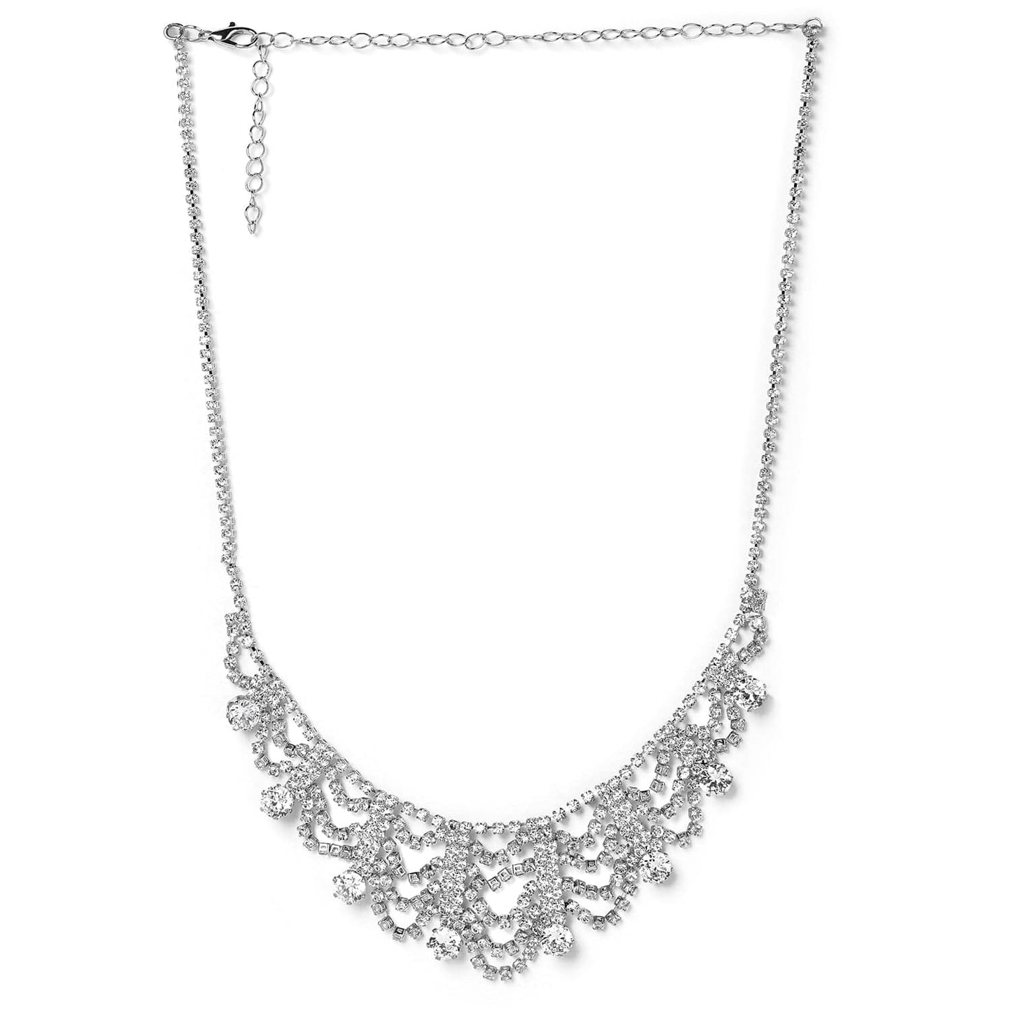 Rhodium Plated AD & Cubic Zirconia Studded Luxurious Draped Statement Necklace