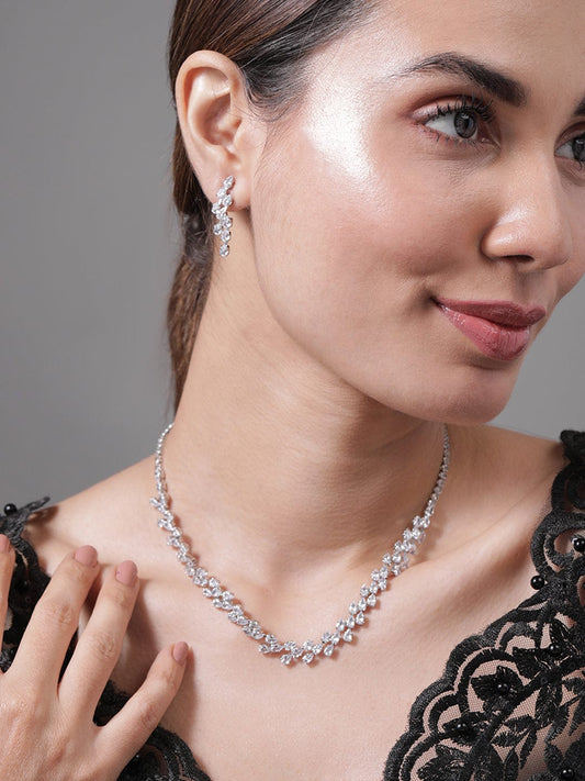 Rhodium Plated AD & Cubic Zirconia Studded Luxurious Floral Motif Necklace Set