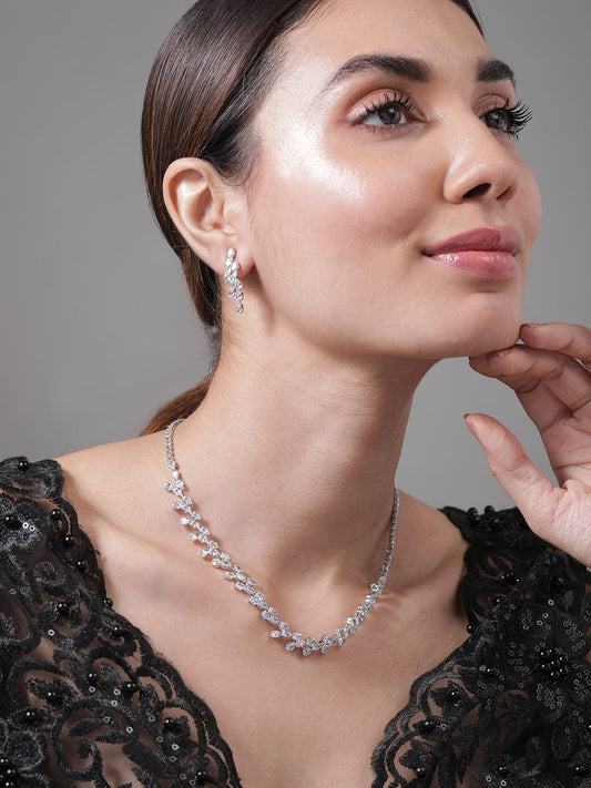 Rhodium Plated AD & Cubic Zirconia Studded Luxurious Floral Motif Necklace Set