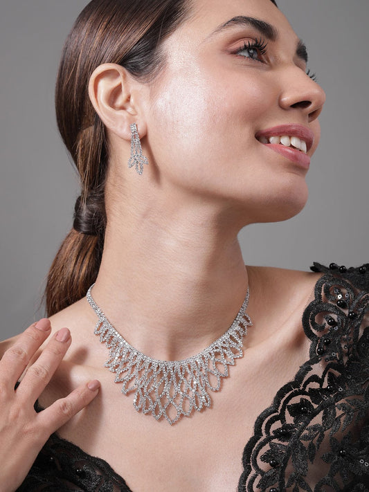 Rhodium Plated AD & Cubic Zirconia Studded Luxurious Leaf Motif Necklace Set