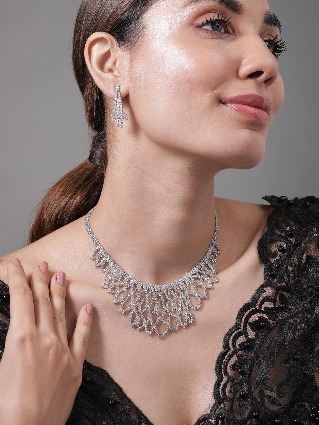Rhodium Plated AD & Cubic Zirconia Studded Luxurious Leaf Motif Necklace Set