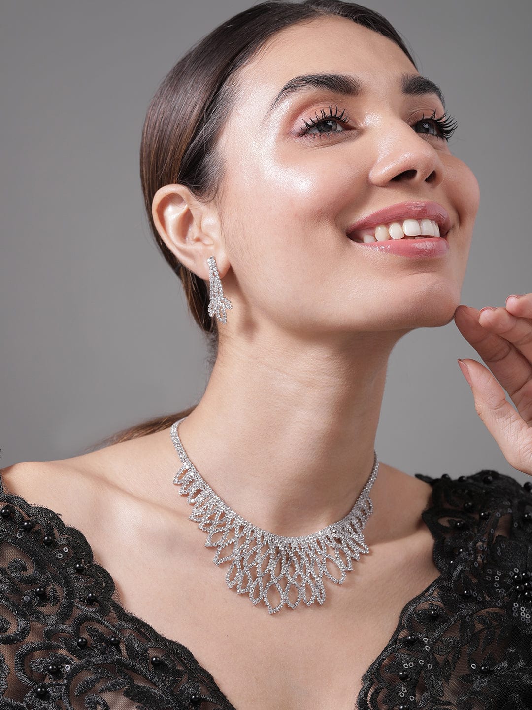 Rhodium Plated AD & Cubic Zirconia Studded Luxurious Leaf Motif Necklace Set