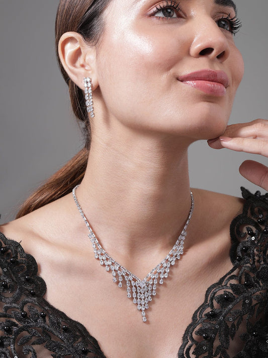 Rhodium Plated Cascading Multiple Strands AD & Cubic Zirconia Studded Necklace Set