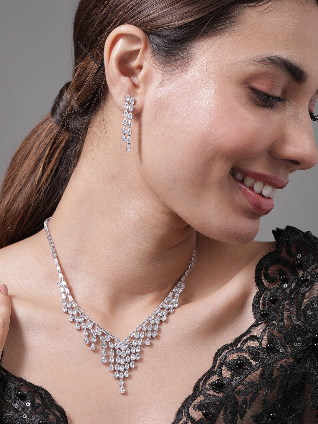 Rhodium Plated Cascading Multiple Strands AD & Cubic Zirconia Studded Necklace Set