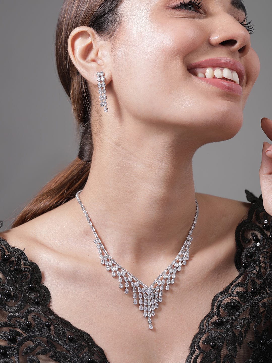 Rhodium Plated Cascading Multiple Strands AD & Cubic Zirconia Studded Necklace Set