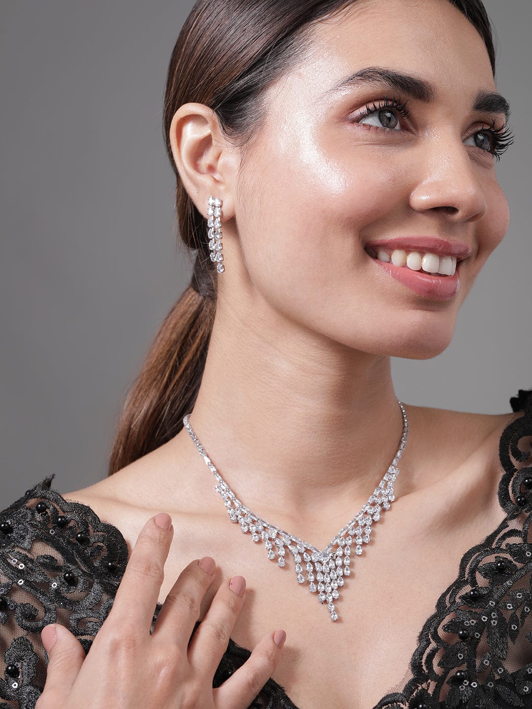 Rhodium Plated Cascading Multiple Strands AD & Cubic Zirconia Studded Necklace Set