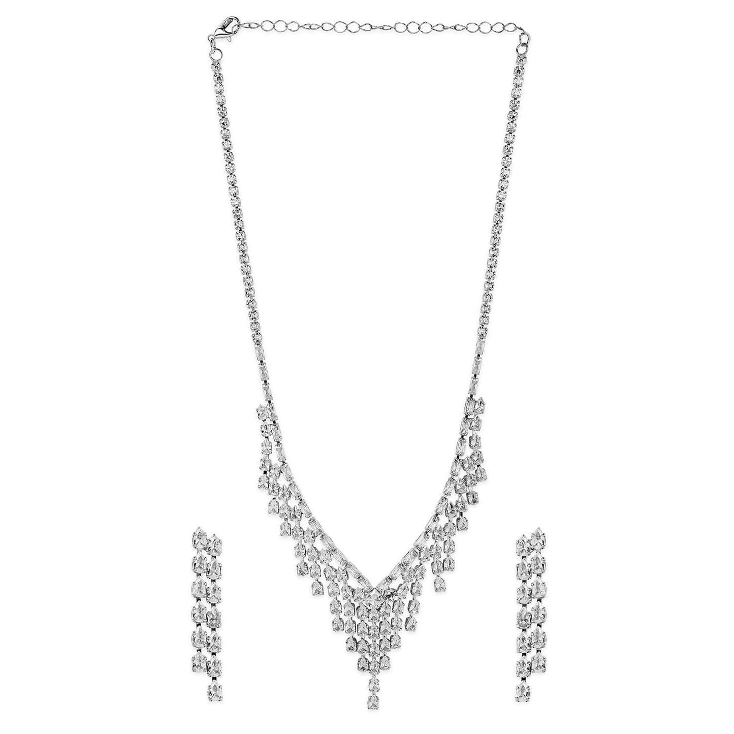 Rhodium Plated Cascading Multiple Strands AD & Cubic Zirconia Studded Necklace Set