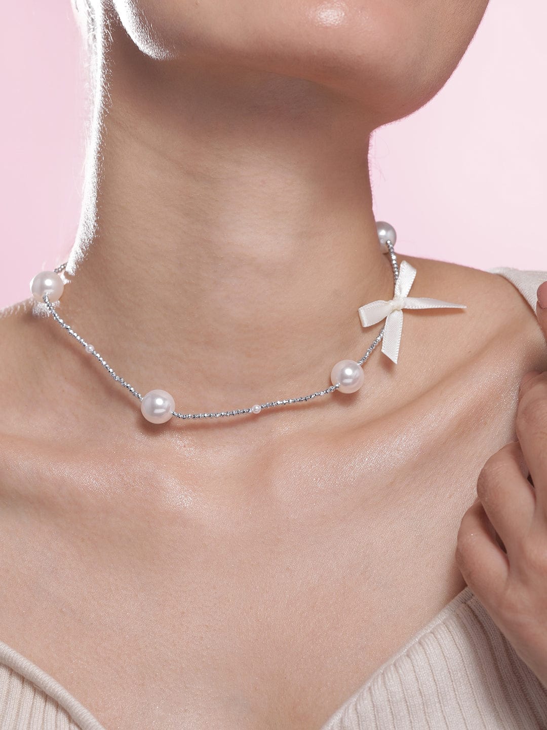 Rhodium-Plated Chain Necklace with Faux Pearls and Fabric Ribbon Bow Accent