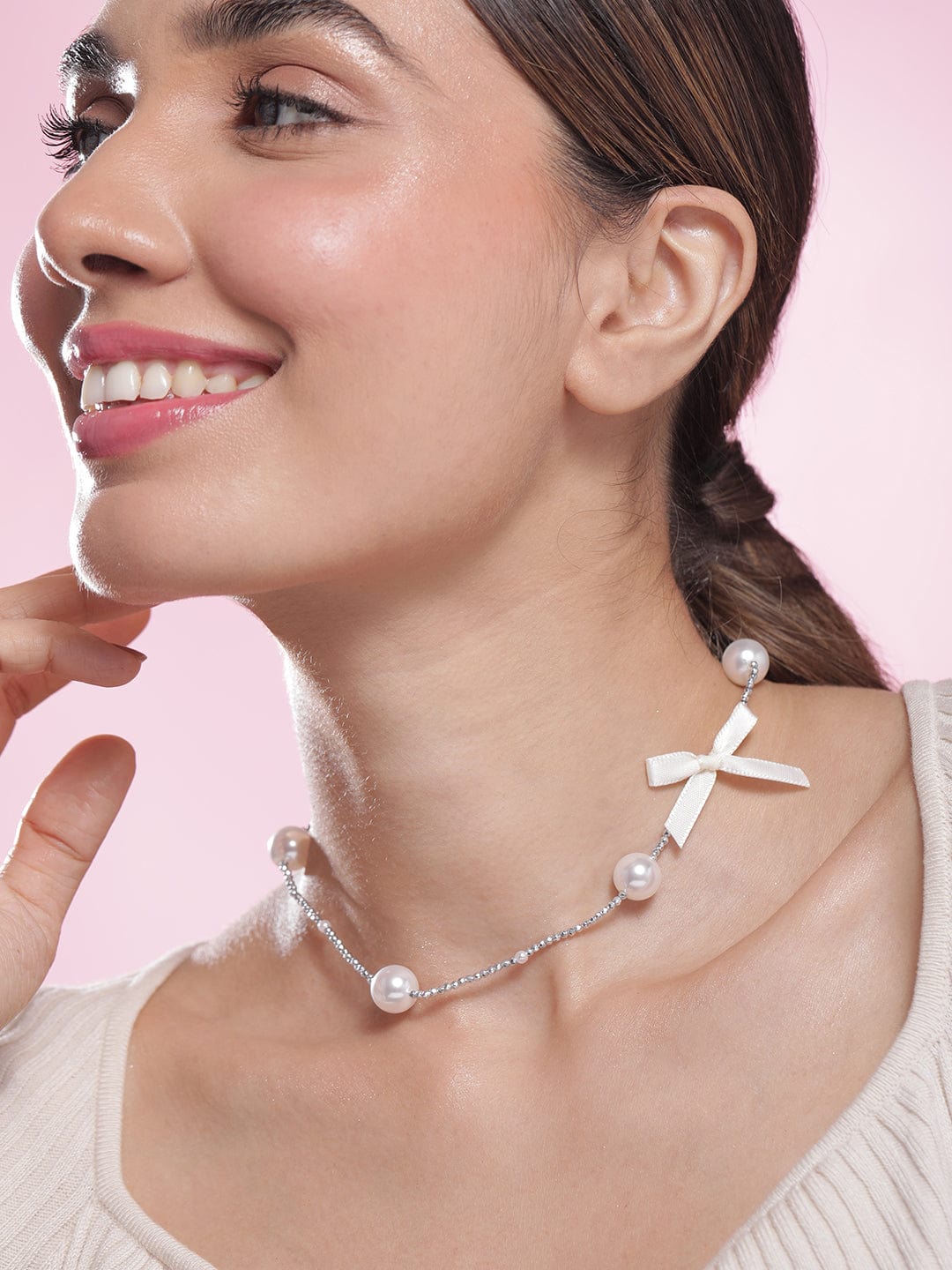 Rhodium-Plated Chain Necklace with Faux Pearls and Fabric Ribbon Bow Accent