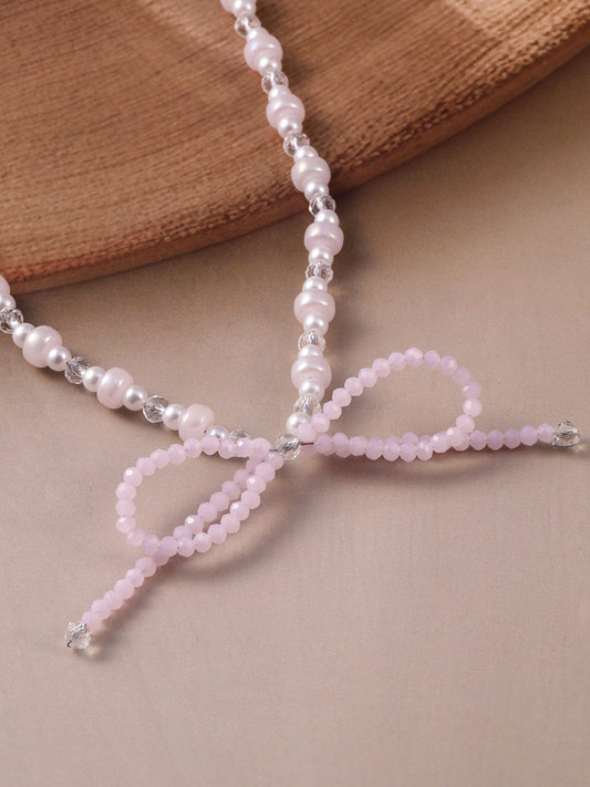 Rubans Rhodium Plated Pearl Beaded Necklace with Soft Pink Bow Charm