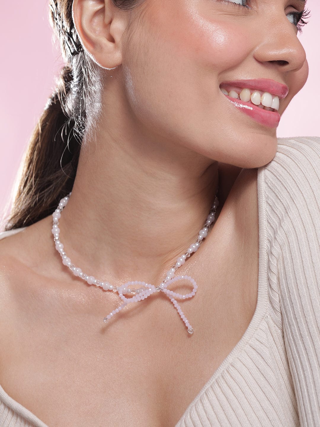 Rubans Rhodium Plated Pearl Beaded Necklace with Soft Pink Bow Charm