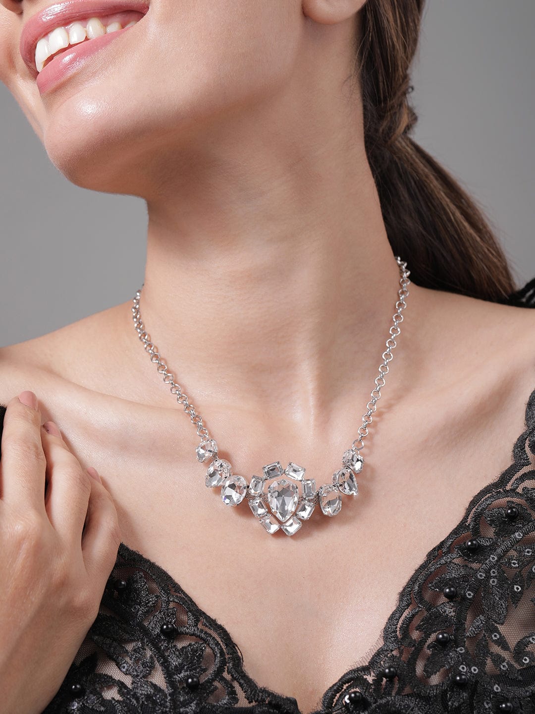 Rhodium Plated Crystal AD & Cubic Zirconia Studded Luxurious Choker Necklace