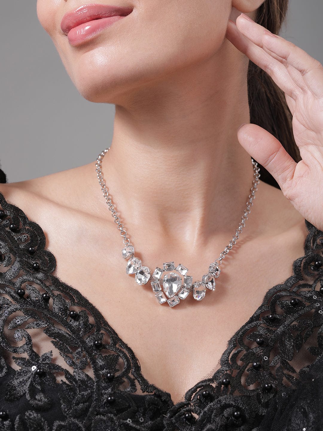 Rhodium Plated Crystal AD & Cubic Zirconia Studded Luxurious Choker Necklace