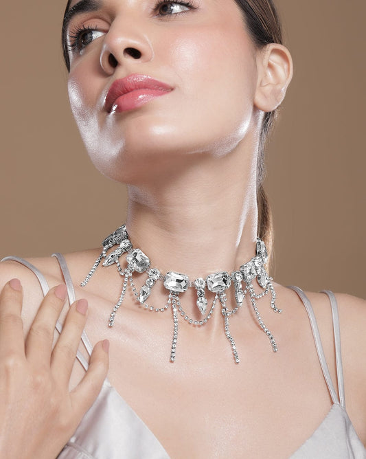 Rhodium-Plated Crystal AD & Zirconia Studded Cascading Fringe Layered Necklace