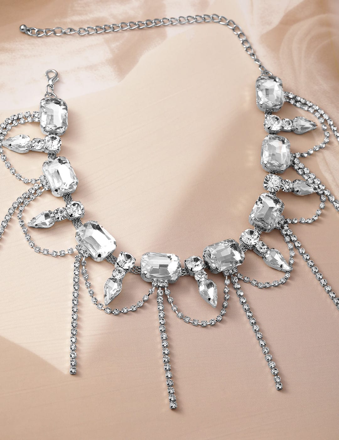 Rhodium-Plated Crystal AD & Zirconia Studded Cascading Fringe Layered Necklace