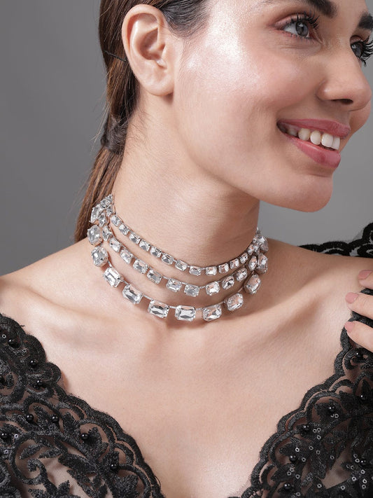 Rhodium Plated Crystal AD & Zirconia Studded Luxurious Multilayer Necklace