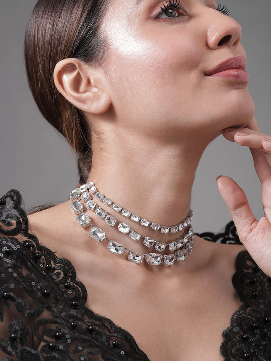 Rhodium Plated Crystal AD & Zirconia Studded Luxurious Multilayer Necklace