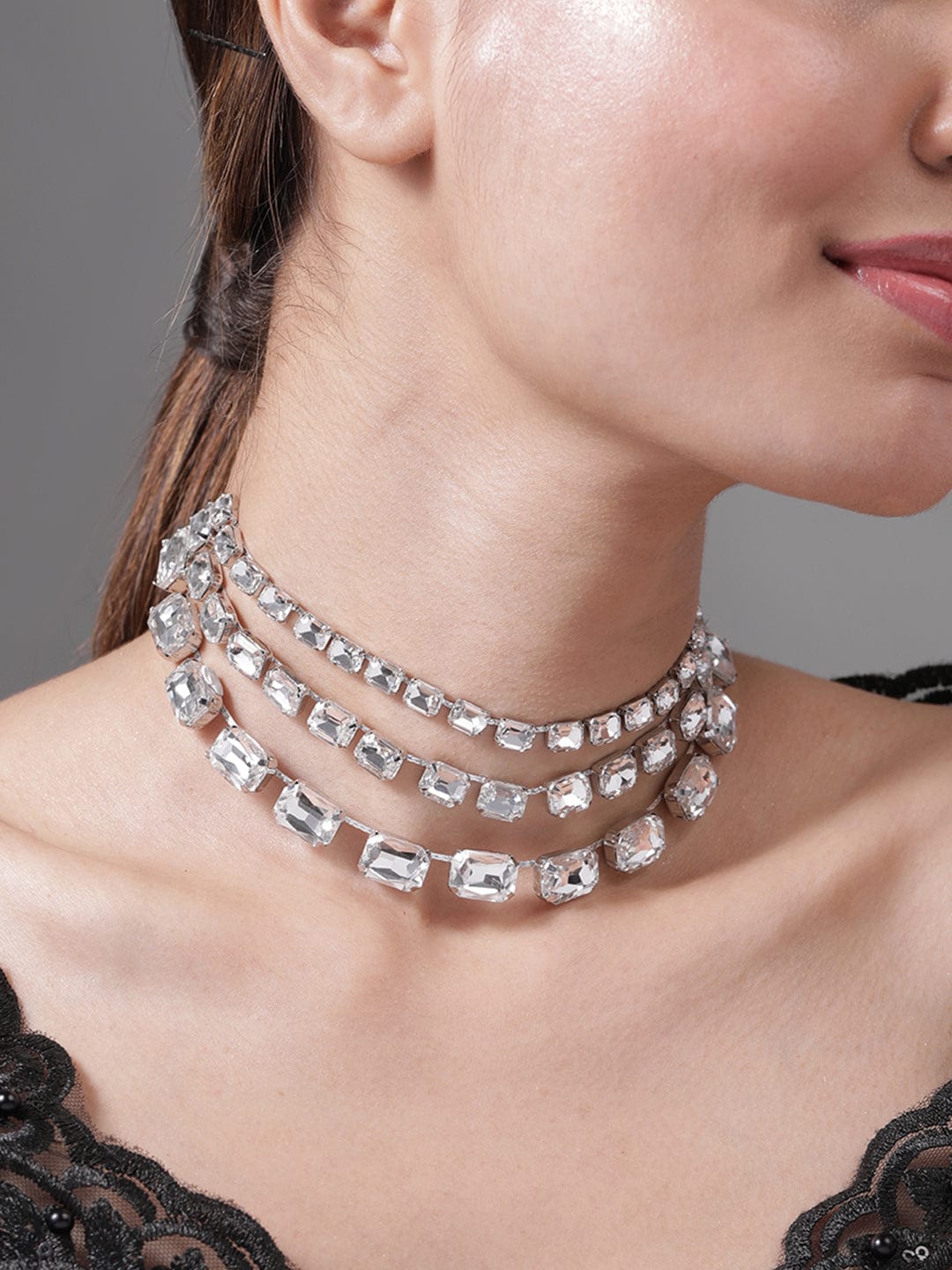 Rhodium Plated Crystal AD & Zirconia Studded Luxurious Multilayer Necklace