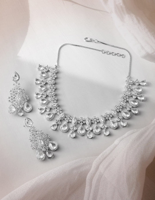 Rhodium-Plated Crystal Cubic Zirconia Studded Necklace Set with Teardrop Earrings