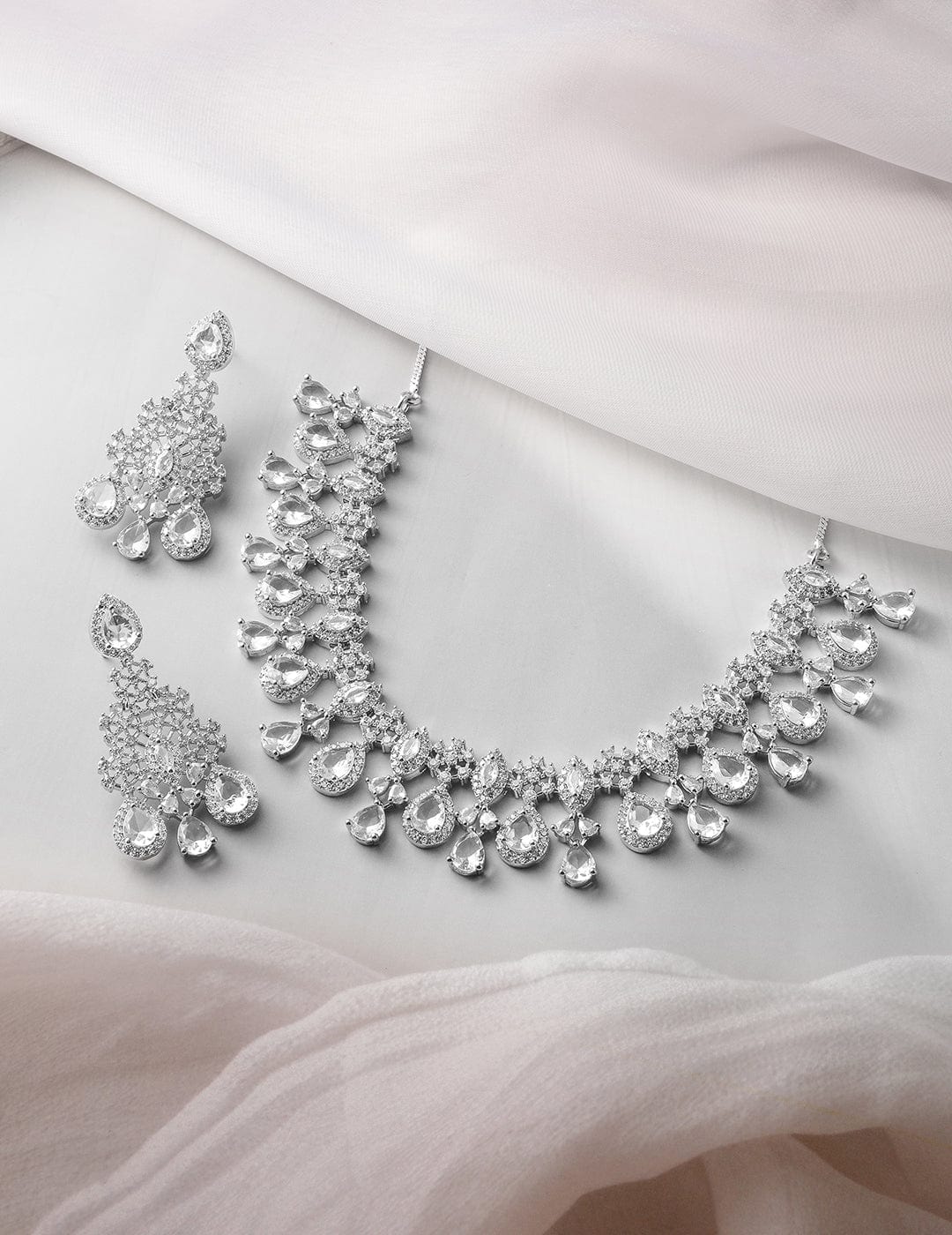 Rhodium-Plated Crystal Cubic Zirconia Studded Necklace Set with Teardrop Earrings