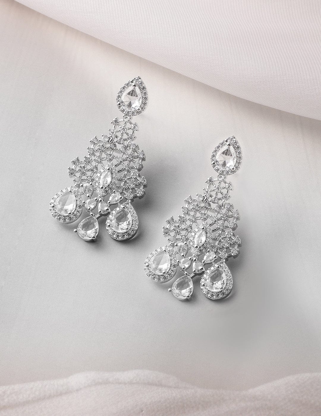 Rhodium-Plated Crystal Cubic Zirconia Studded Necklace Set with Teardrop Earrings