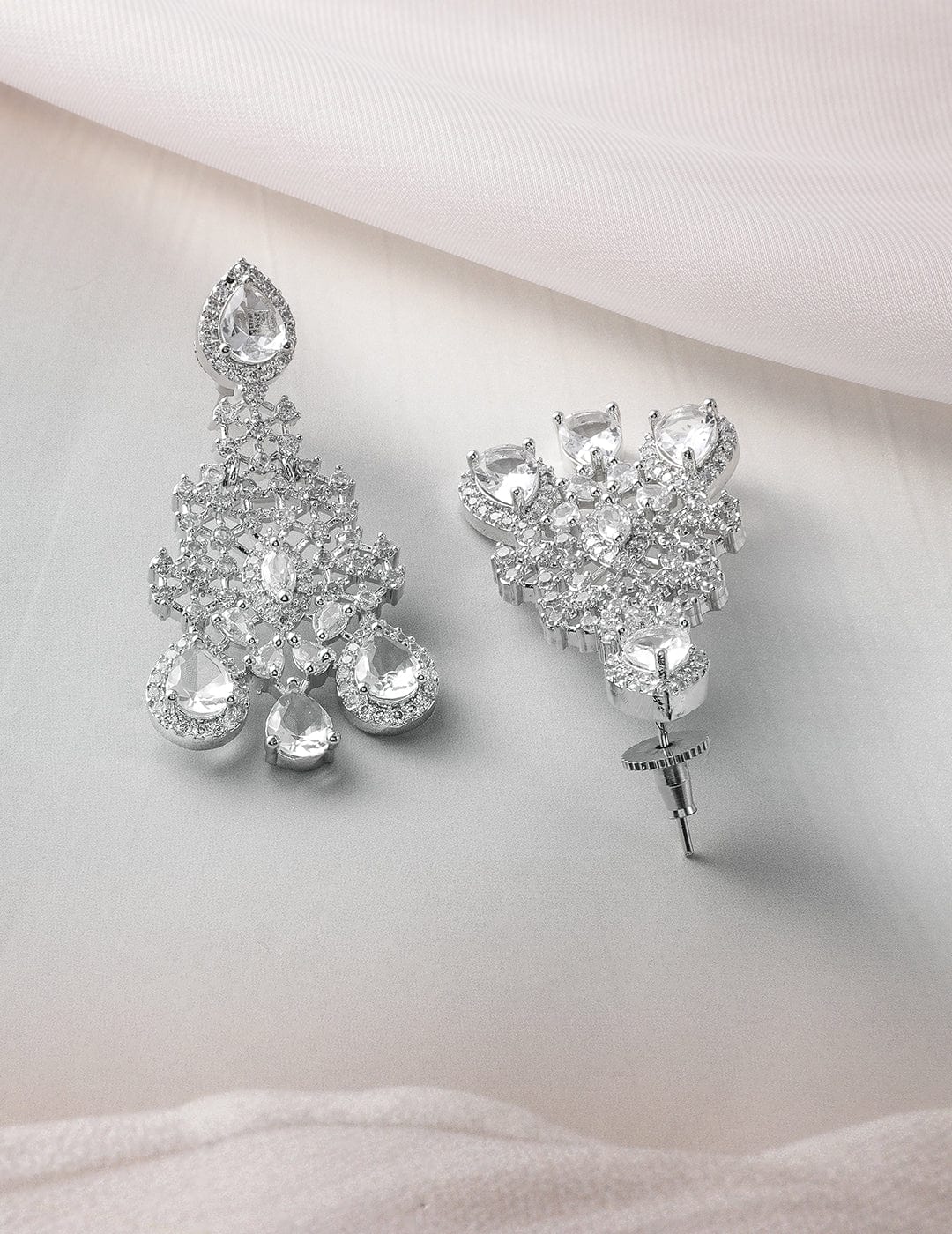 Rhodium-Plated Crystal Cubic Zirconia Studded Necklace Set with Teardrop Earrings