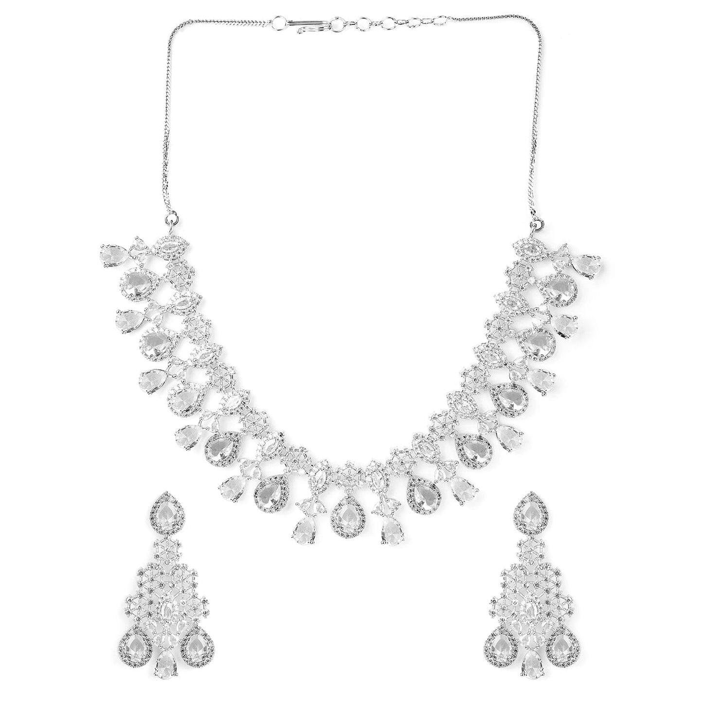 Rhodium-Plated Crystal Cubic Zirconia Studded Necklace Set with Teardrop Earrings