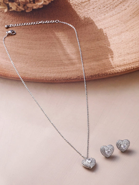 Rhodium Plated CZ Studded Heart Shape Pendant Necklace Set